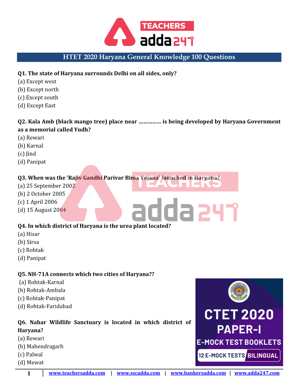 HTET 2020 Haryana General Knowledge 100 Questions