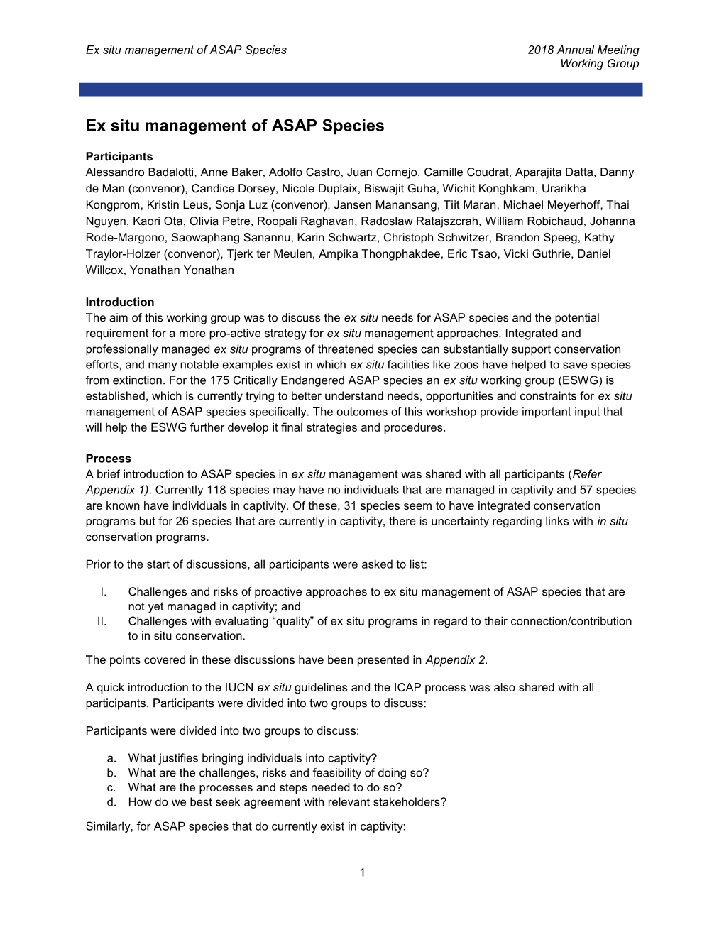 Ex Situ Management of ASAP Species 2018 Annual Meeting Working Group