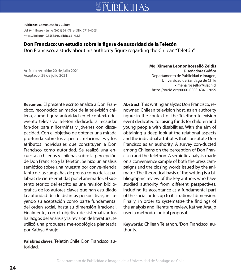 Don Francisco: Un Estudio Sobre La Figura De Autoridad De La Teletón Don Francisco: a Study About His Authority Figure Regarding the Chilean “Teletón”