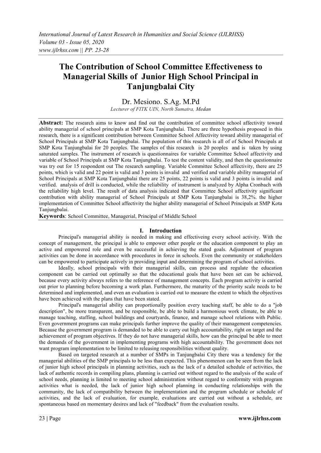 The Contribution of School Committee Effectiveness to Managerial Skills of Junior High School Principal in Tanjungbalai City