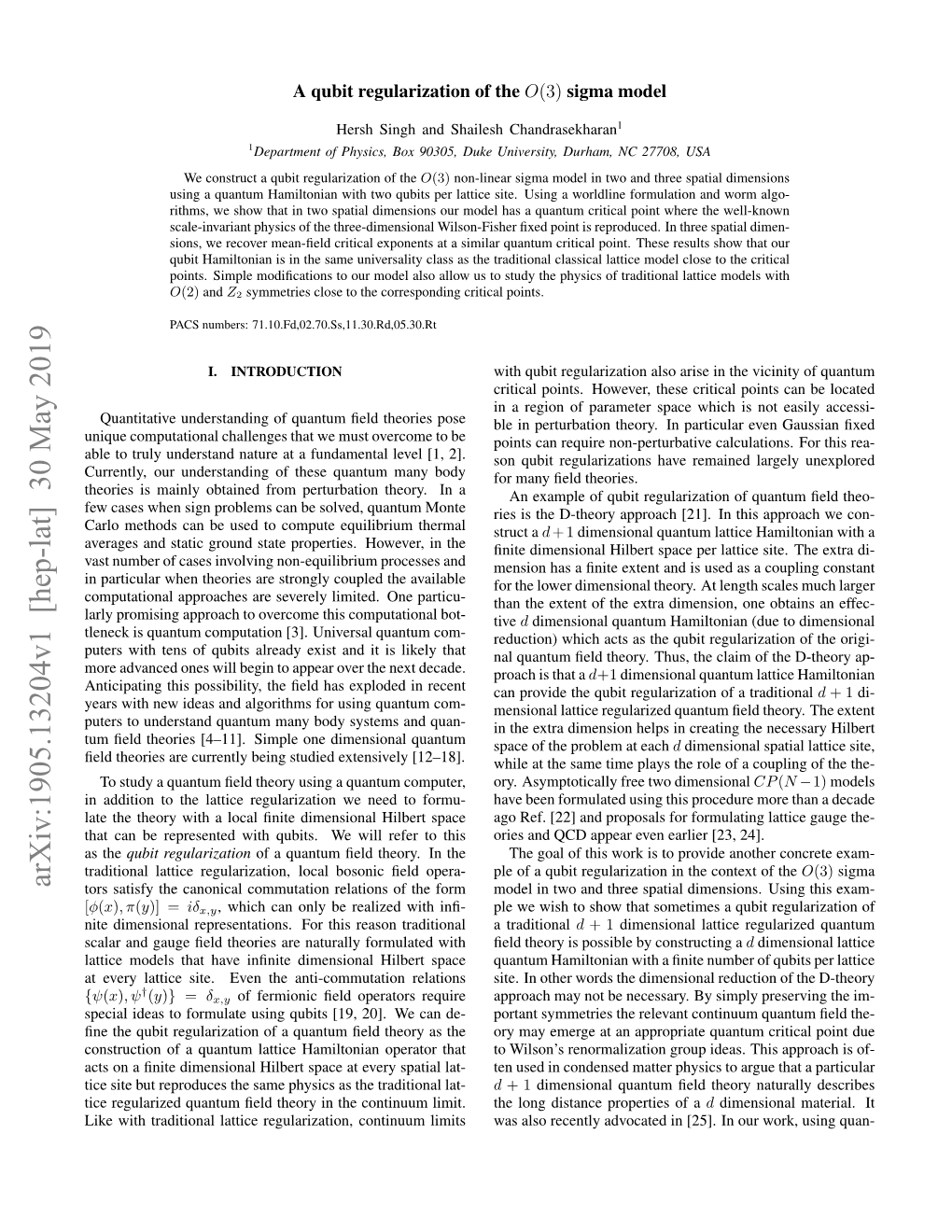 Arxiv:1905.13204V1 [Hep-Lat] 30 May 2019 Tors Satisfy the Canonical Commutation Relations of the Form Model in Two and Three Spatial Dimensions