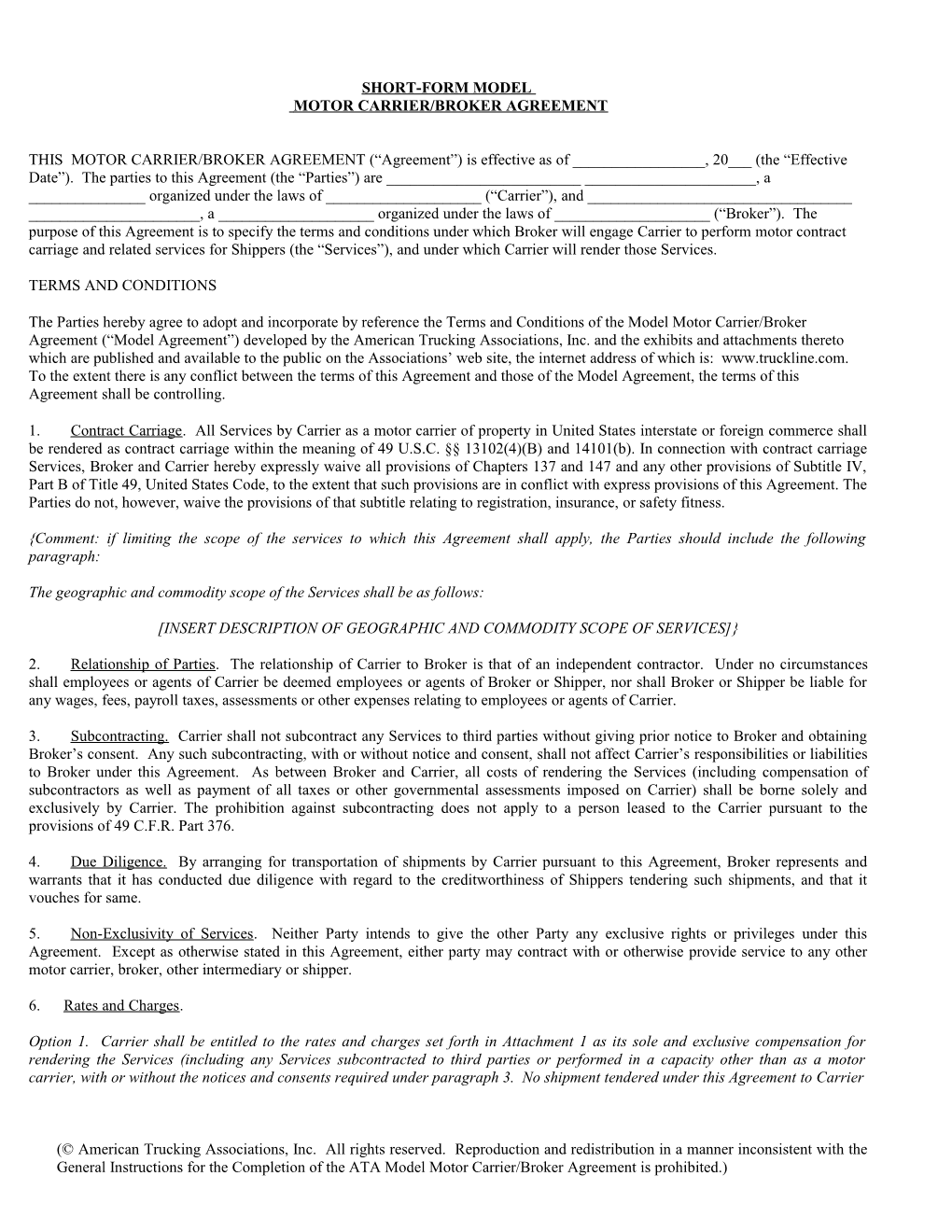 Short Form Motor Carrier-Broker Model Agreement