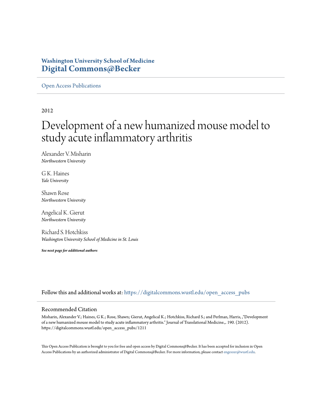 Development of a New Humanized Mouse Model to Study Acute Inflammatory Arthritis Alexander V