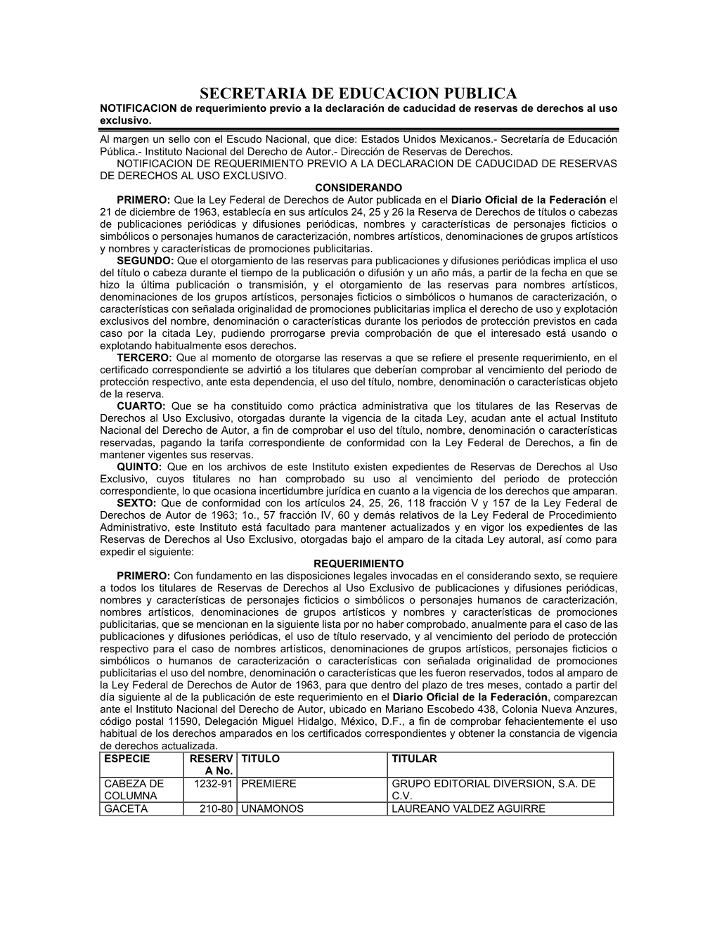 SECRETARIA DE EDUCACION PUBLICA NOTIFICACION De Requerimiento Previo a La Declaración De Caducidad De Reservas De Derechos Al Uso Exclusivo