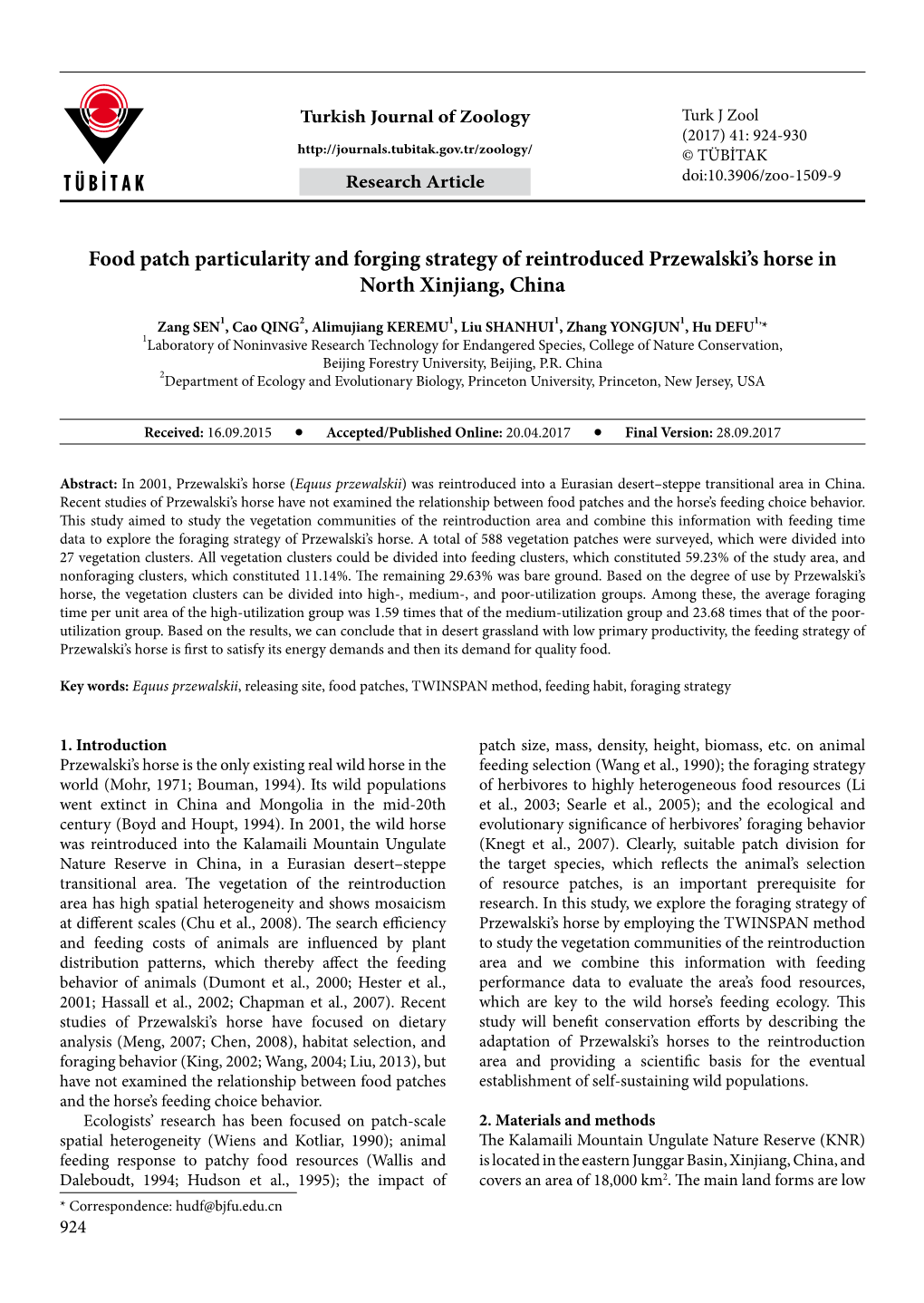 Food Patch Particularity and Forging Strategy of Reintroduced Przewalski’S Horse in North Xinjiang, China