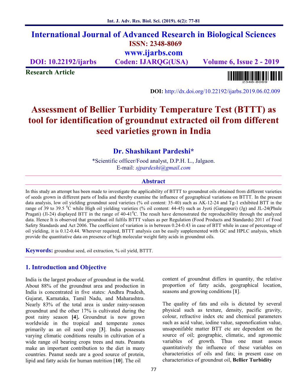 Assessment of Bellier Turbidity Temperature Test (BTTT) As Tool for Identification of Groundnut Extracted Oil from Different Seed Varieties Grown in India