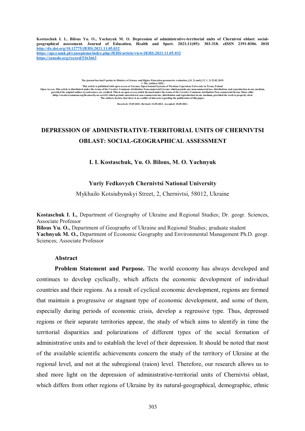 DEPRESSION of ADMINISTRATIVE-TERRITORIAL UNITS of CHERNIVTSI OBLAST: SOCIAL-GEOGRAPHICAL ASSESSMENT І. І. Kostaschuk, Yu. O. B