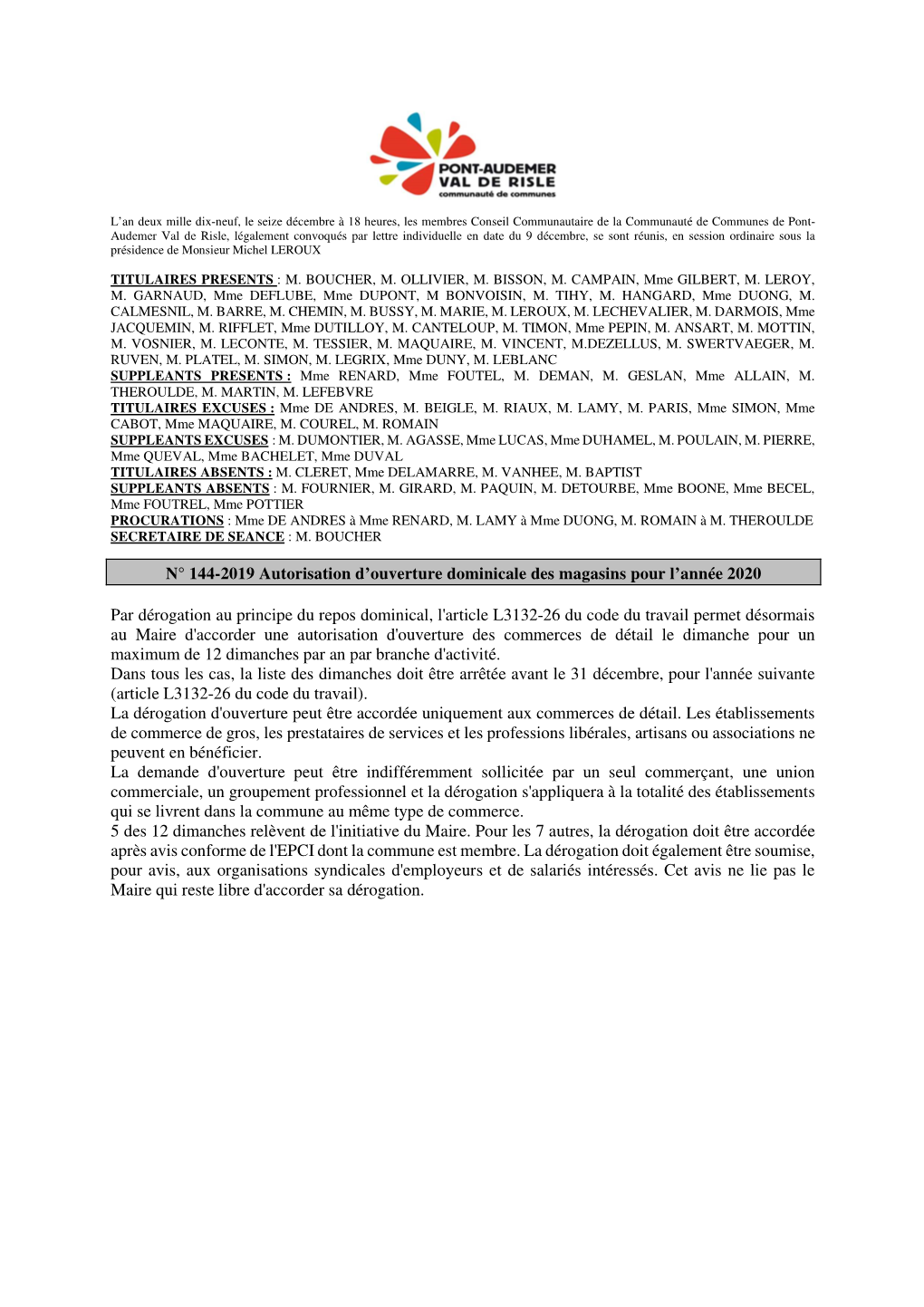 Compte Rendu Conseil Communautaire 16 Décembre 2019