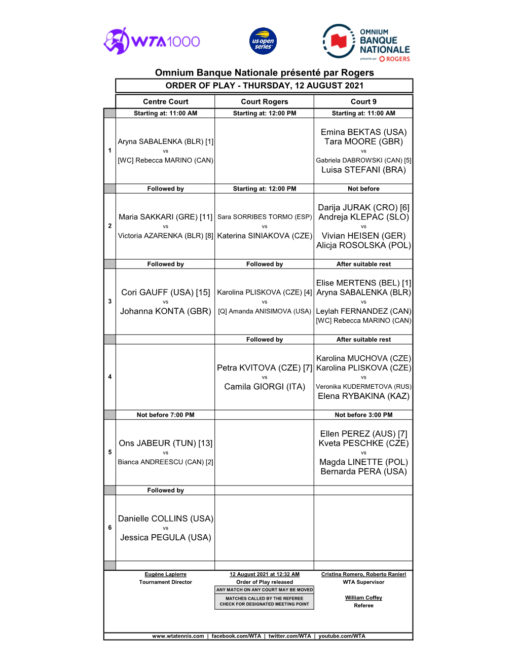 Omnium Banque Nationale Présenté Par Rogers ORDER of PLAY - THURSDAY, 12 AUGUST 2021