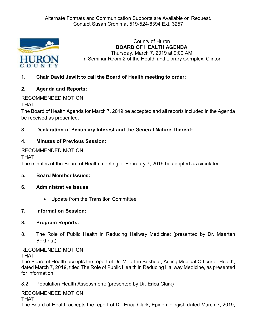 County of Huron Board of Health Minutes Package March 7, 2019