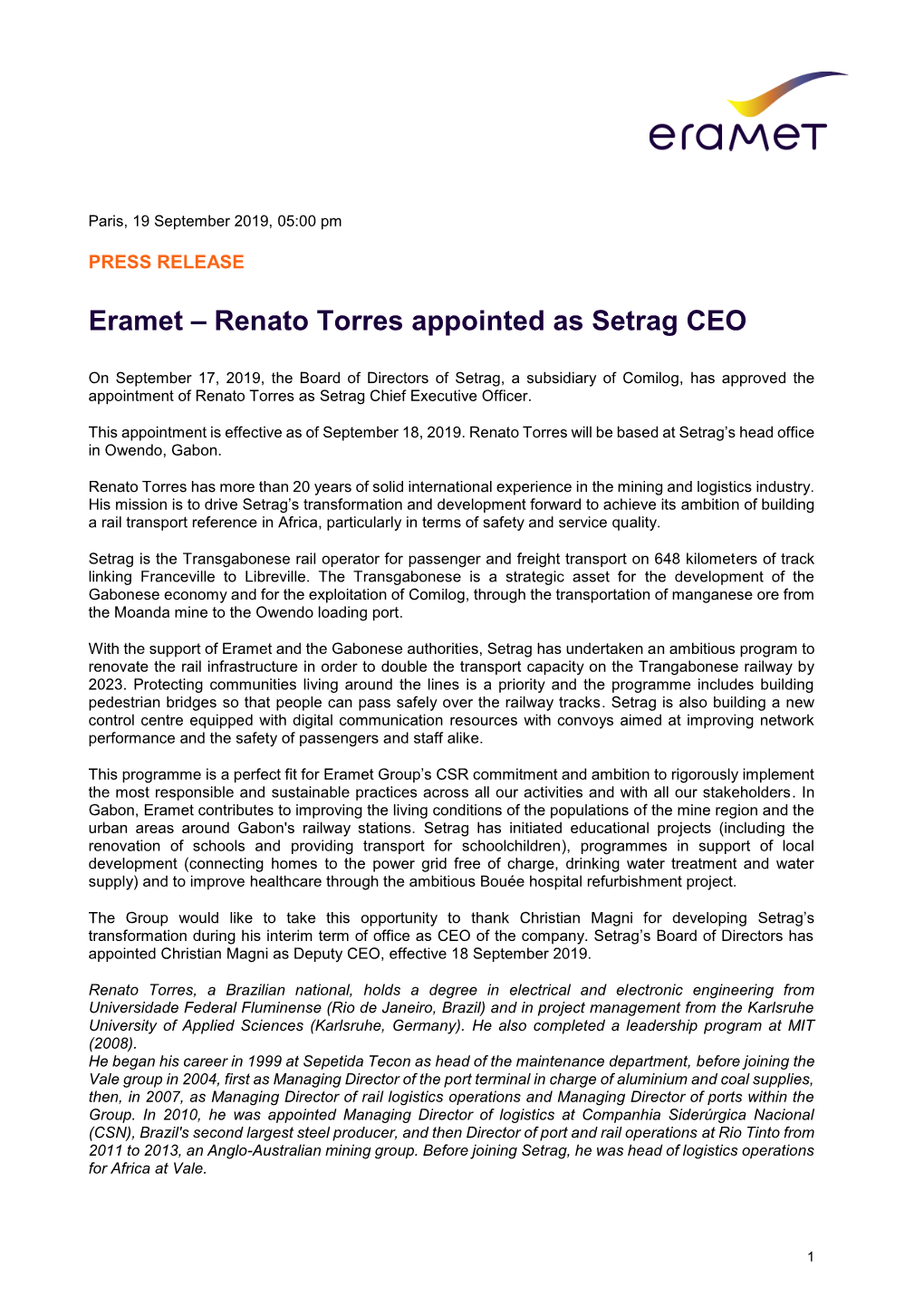 Renato Torres Appointed As Setrag CEO