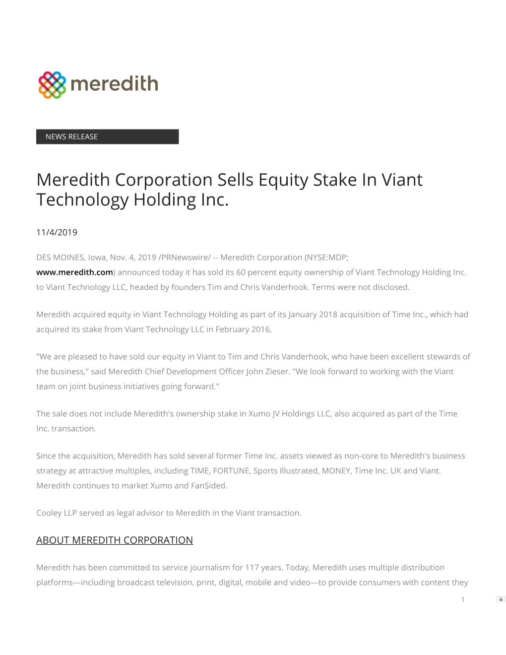 Meredith Corporation Sells Equity Stake in Viant Technology Holding Inc