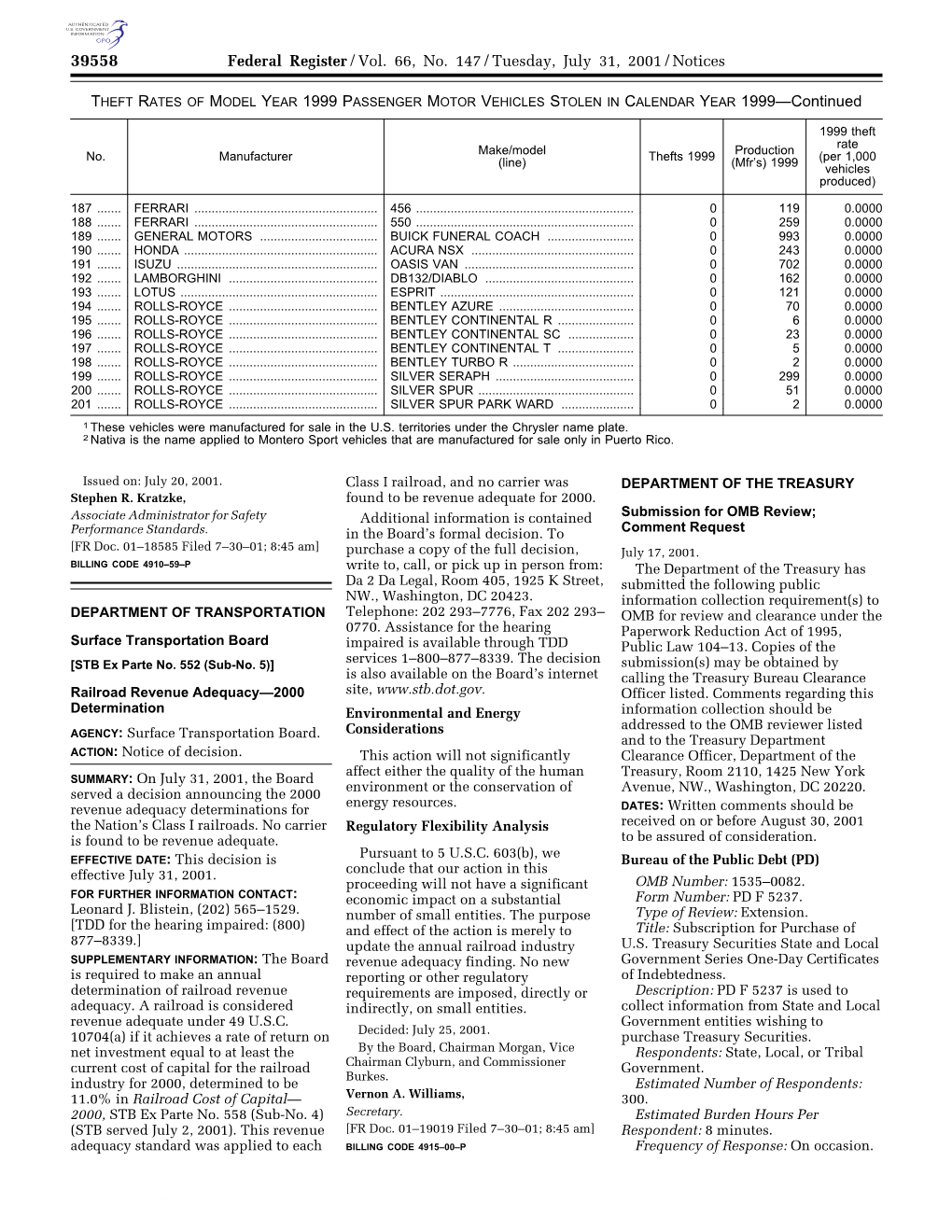 Federal Register/Vol. 66, No. 147/Tuesday, July 31, 2001/Notices THEFT RATES of MODEL YEAR 1999 PASSENGER MOTOR VEHICLES STOLEN