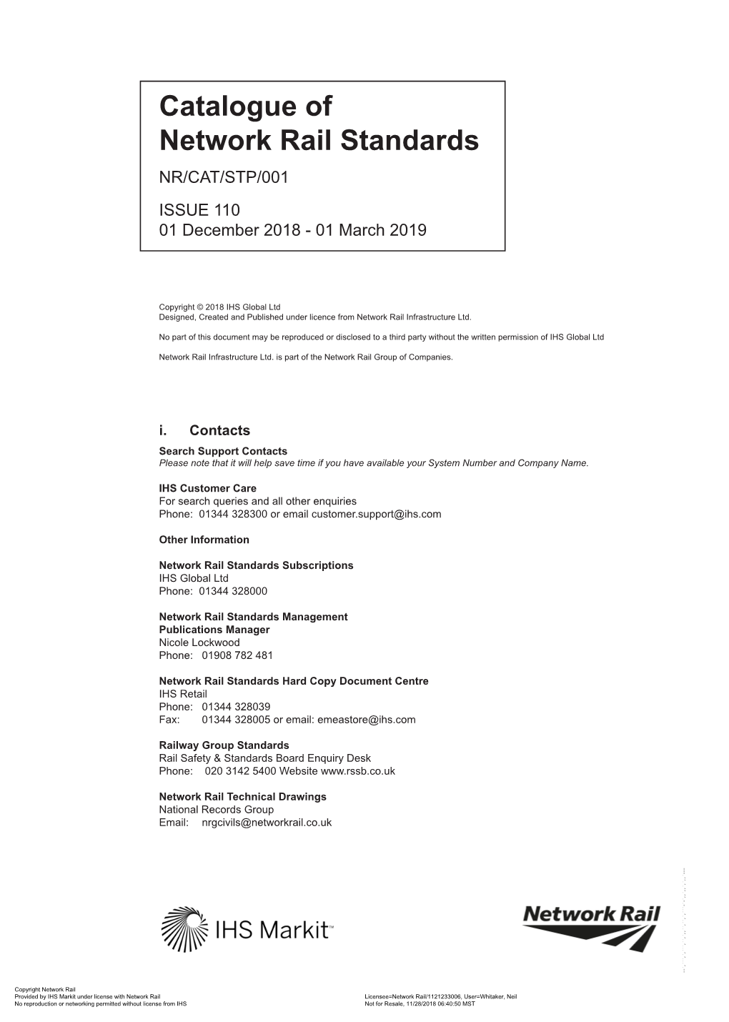Catalogue of Network Rail Standards NR/CAT/STP/001 ISSUE 110 01 December 2018 - 01 March 2019
