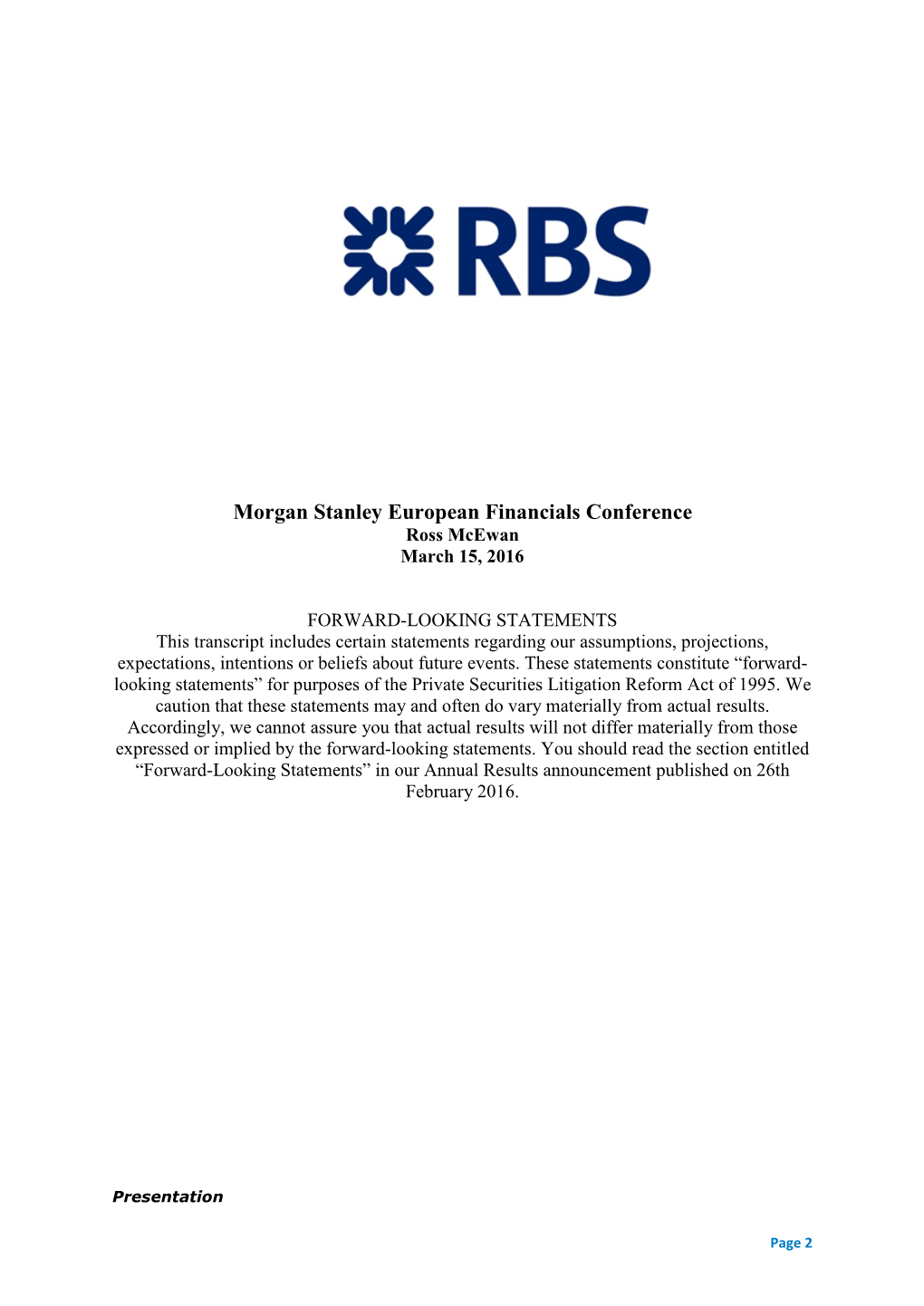 Morgan Stanley European Financials Conference Ross Mcewan March 15, 2016