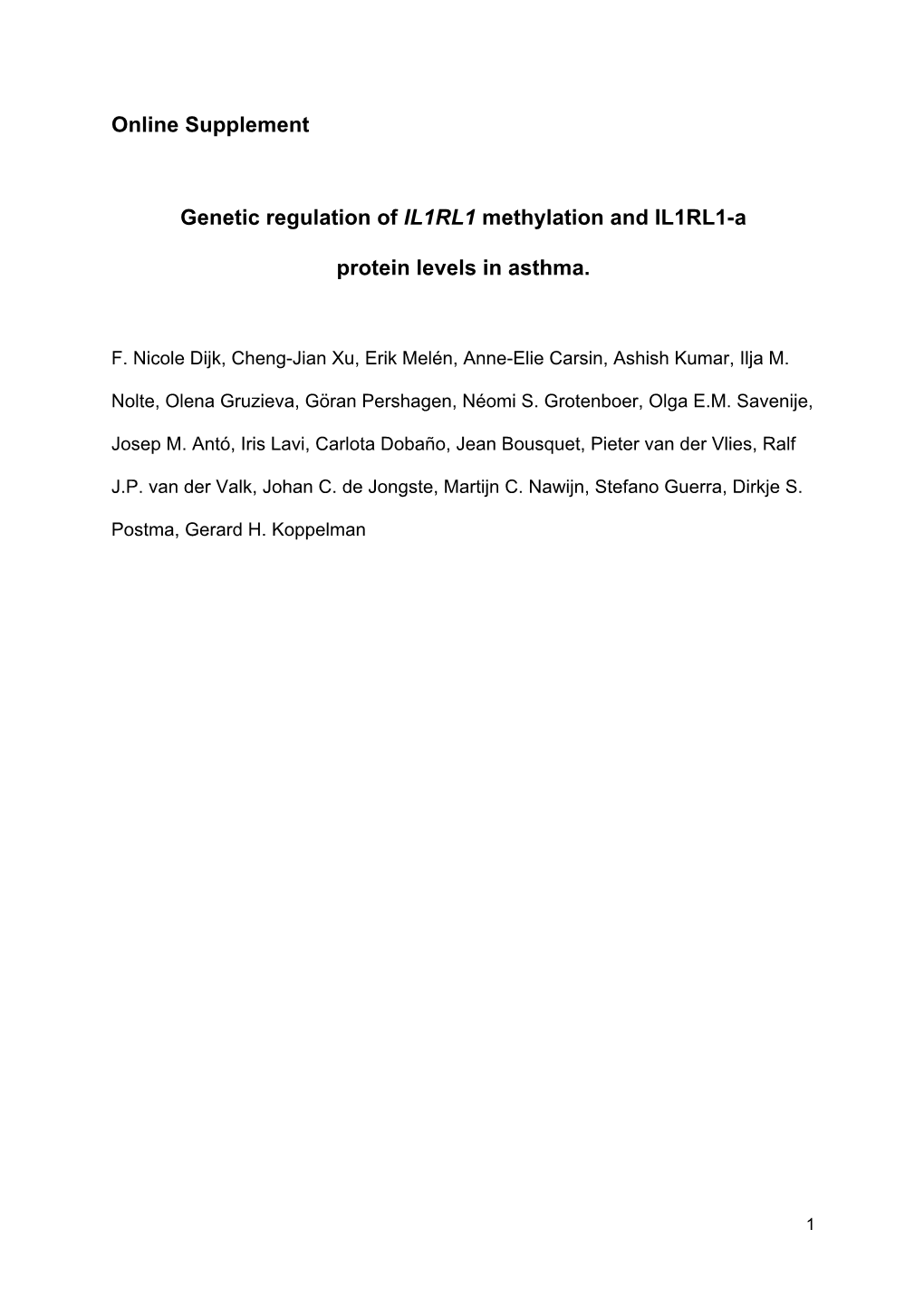 Online Supplement Genetic Regulation of IL1RL1 Methylation and IL1RL1