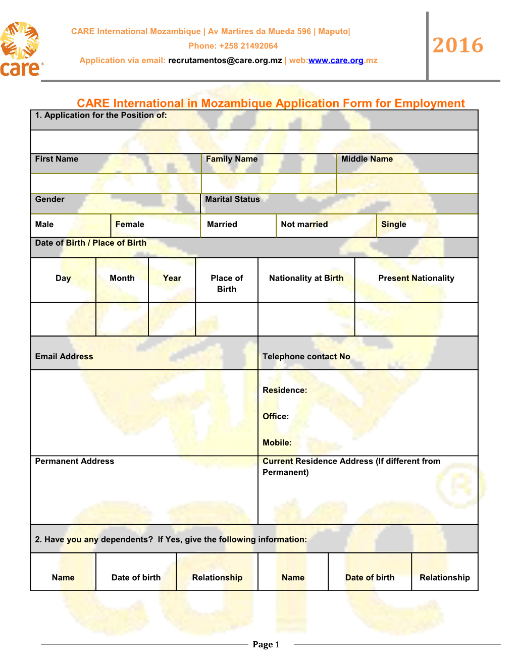 CARE International in Mozambique Application Form for Employment