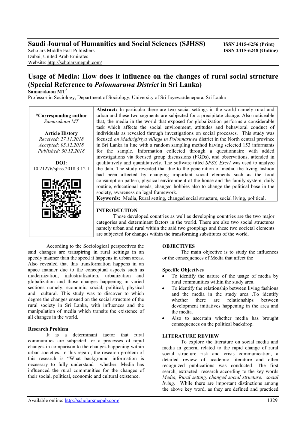 SJHSS) ISSN 2415-6256 (Print) Scholars Middle East Publishers ISSN 2415-6248 (Online) Dubai, United Arab Emirates Website