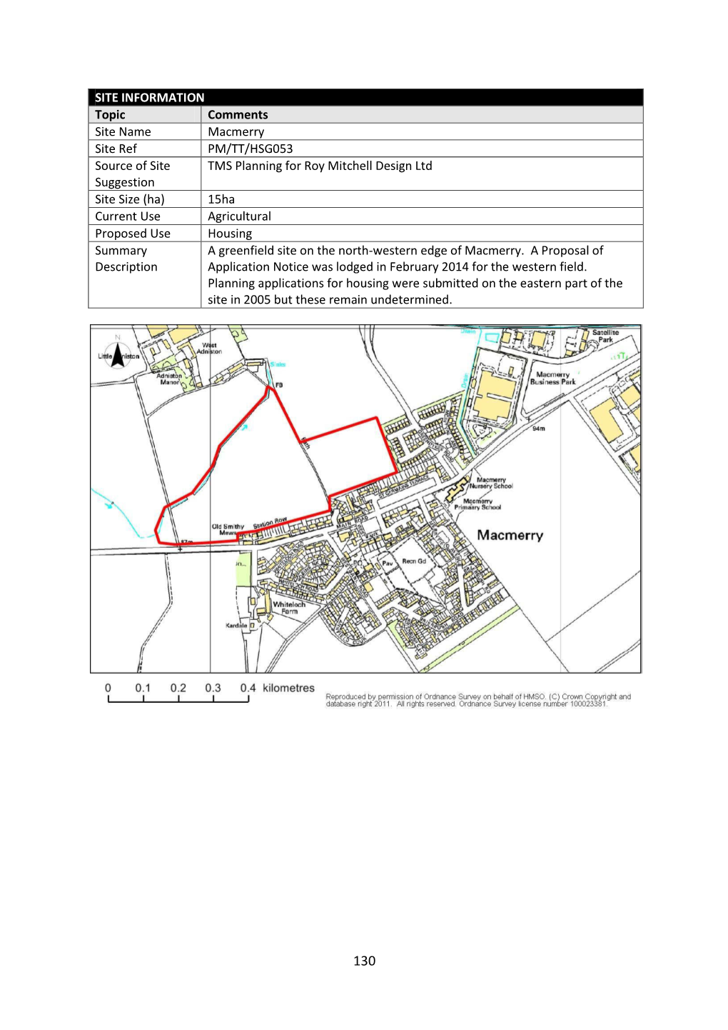 SITE INFORMATION Topic Comments Site Name Macmerry Site Ref PM/TT/HSG053 Source of Site Suggestion TMS Planning for Roy Mitchel