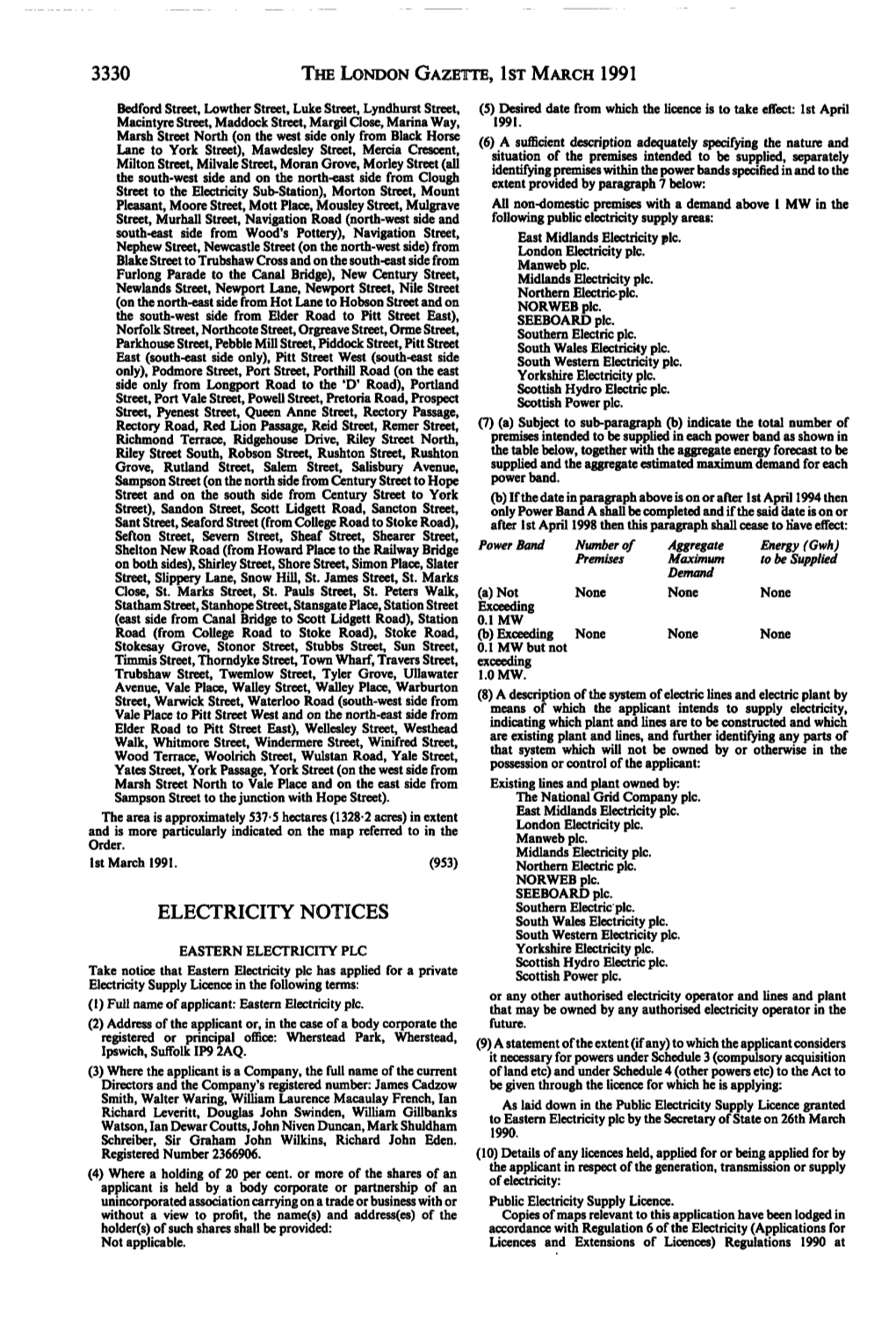 3330 the London Gazette, Ist March 1991 Electricity