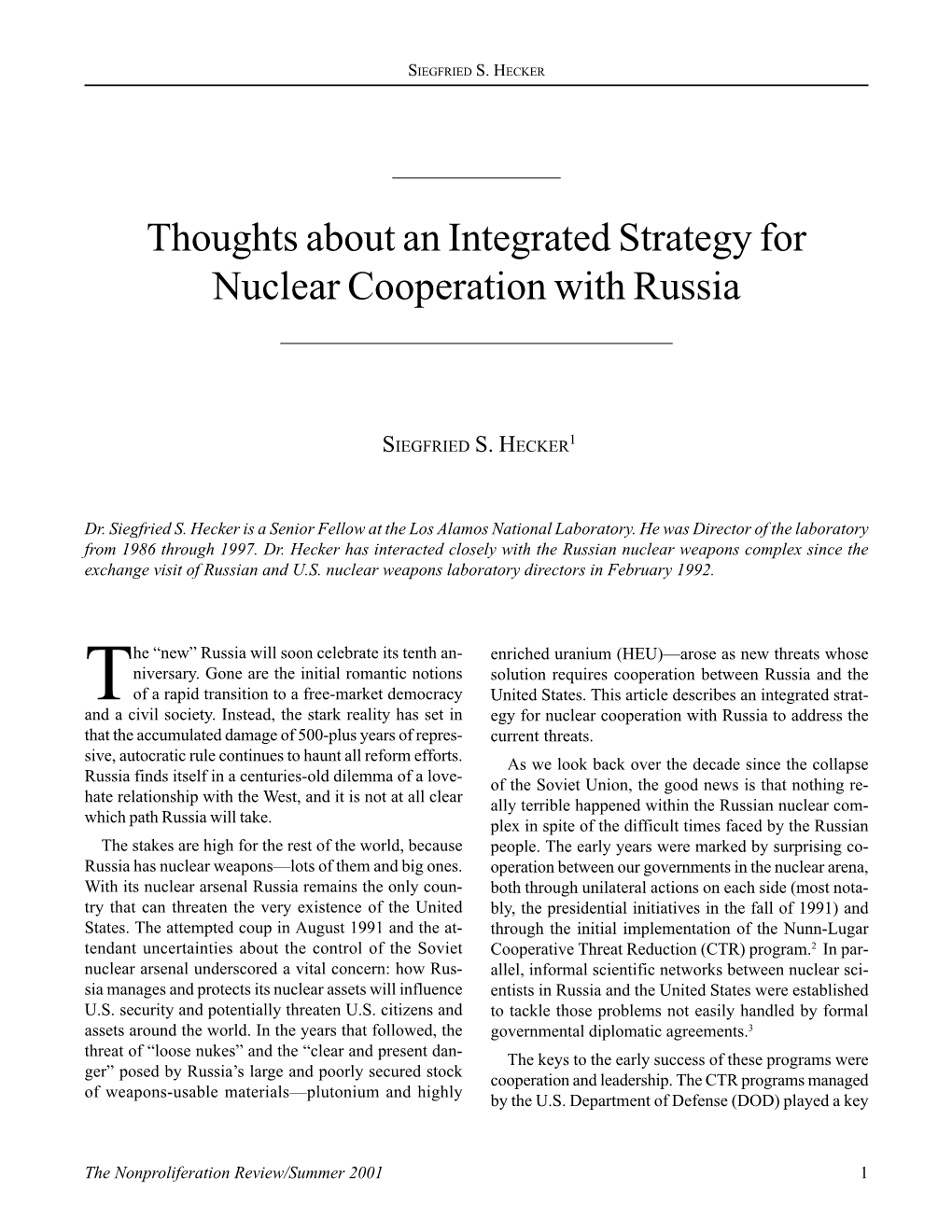Thoughts About an Integrated Strategy for Nuclear Cooperation with Russia