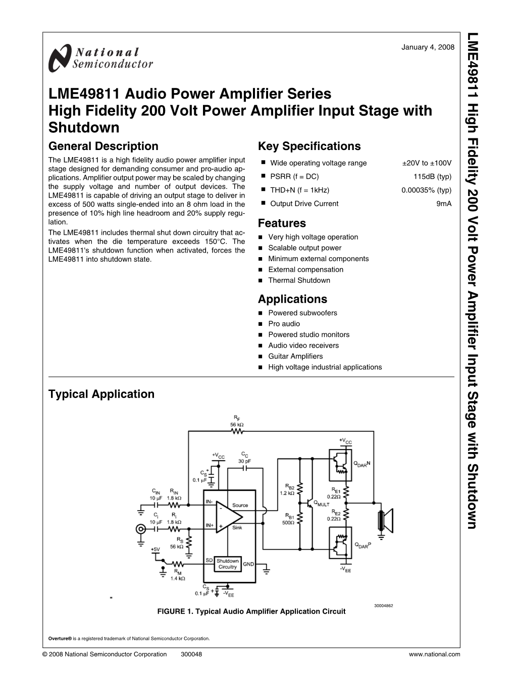 LME49811 High Fidelity 200 Volt Power Amplifier Input Stage with Shutdown