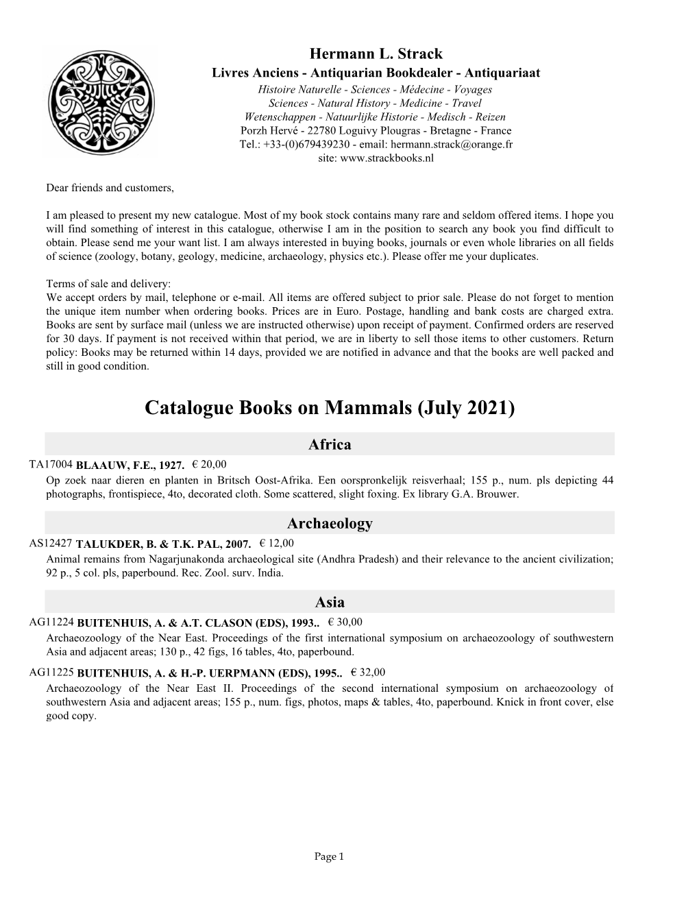 Catalogue Terrestrial Mammal Books (Updated July 2020)