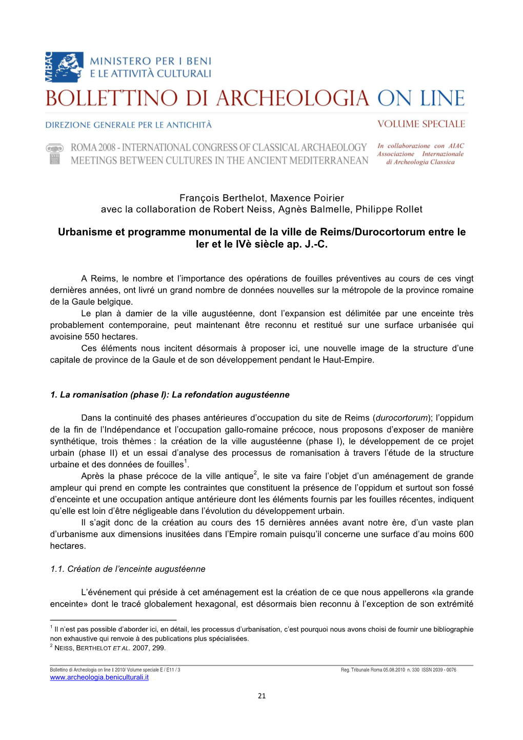 Urbanisme Et Programme Monumental De La Ville De Reims/Durocortorum Entre Le Ier Et Le Ivè Siècle Ap