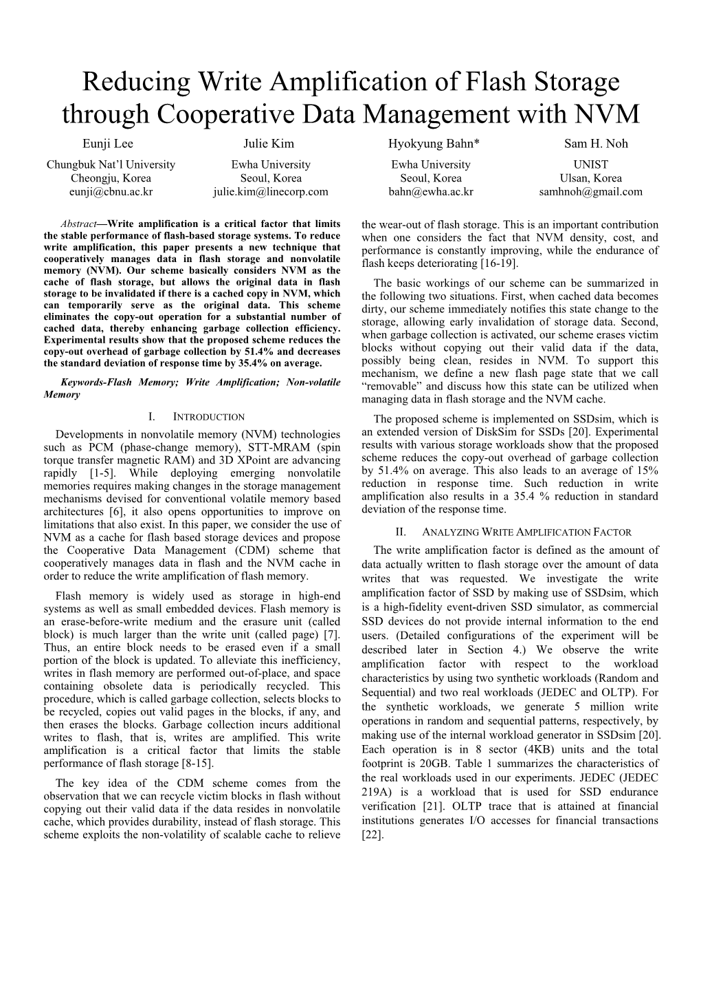 Reducing Write Amplification of Flash Storage Through Cooperative Data Management with NVM Eunji Lee Julie Kim Hyokyung Bahn* Sam H