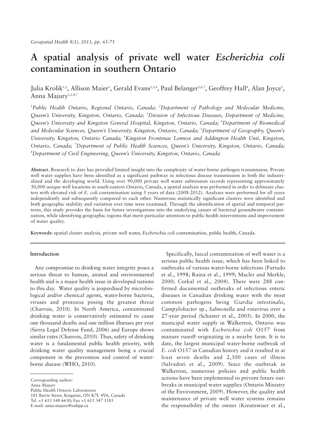 A Spatial Analysis of Private Well Water Escherichia Coli Contamination in Southern Ontario