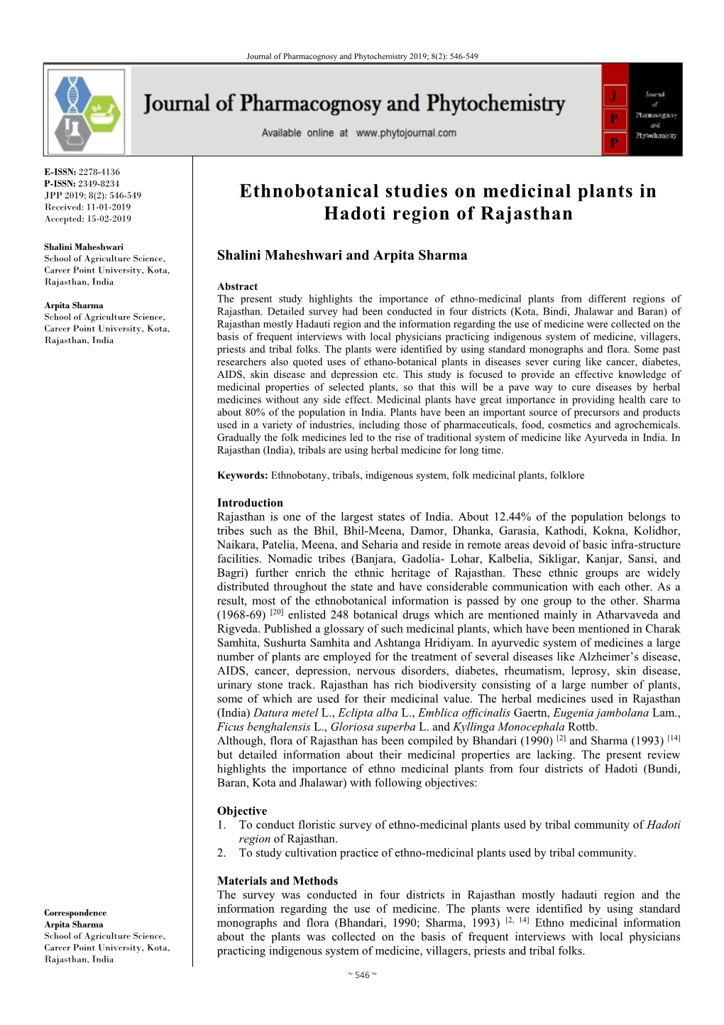 Ethnobotanical Studies on Medicinal Plants in Hadoti Region of Rajasthan