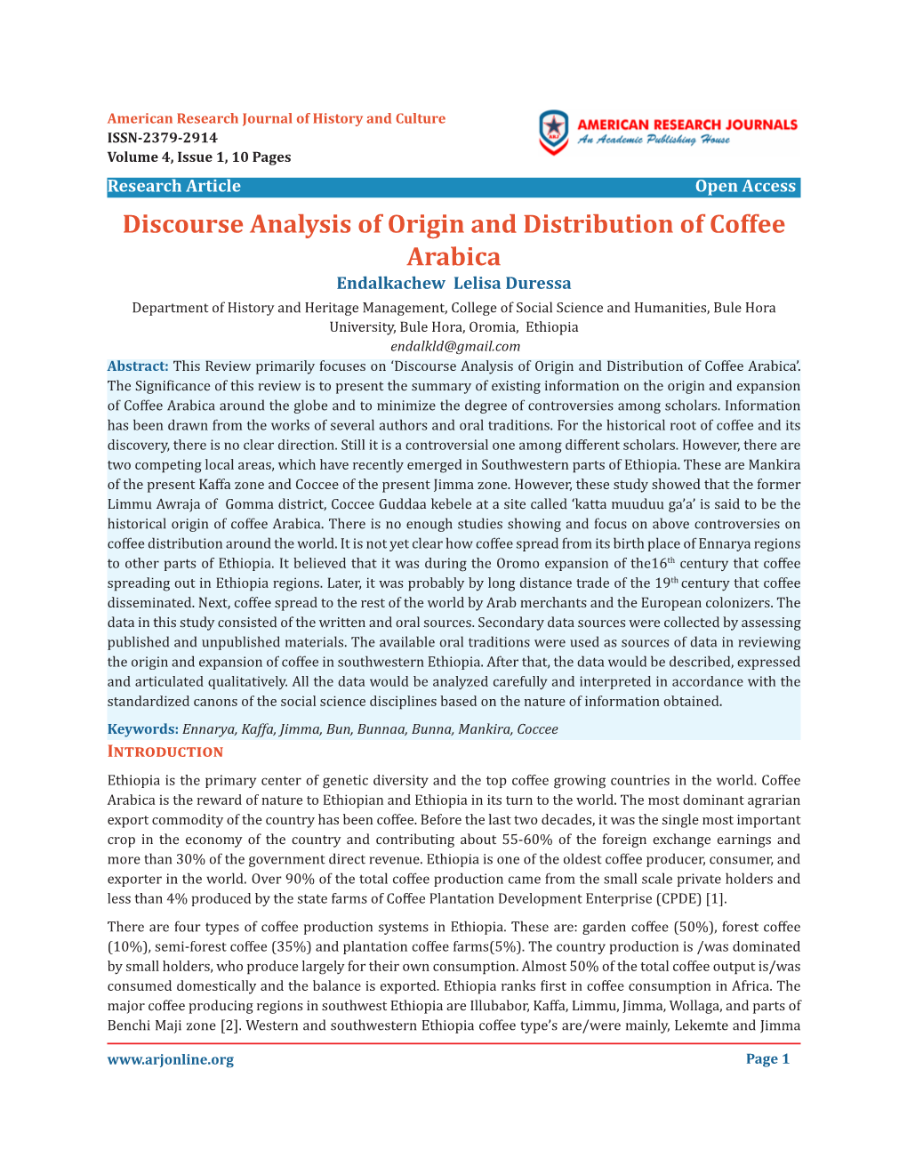 Discourse Analysis of Origin and Distribution of Coffee Arabica Endalkachew Lelisa Duressa