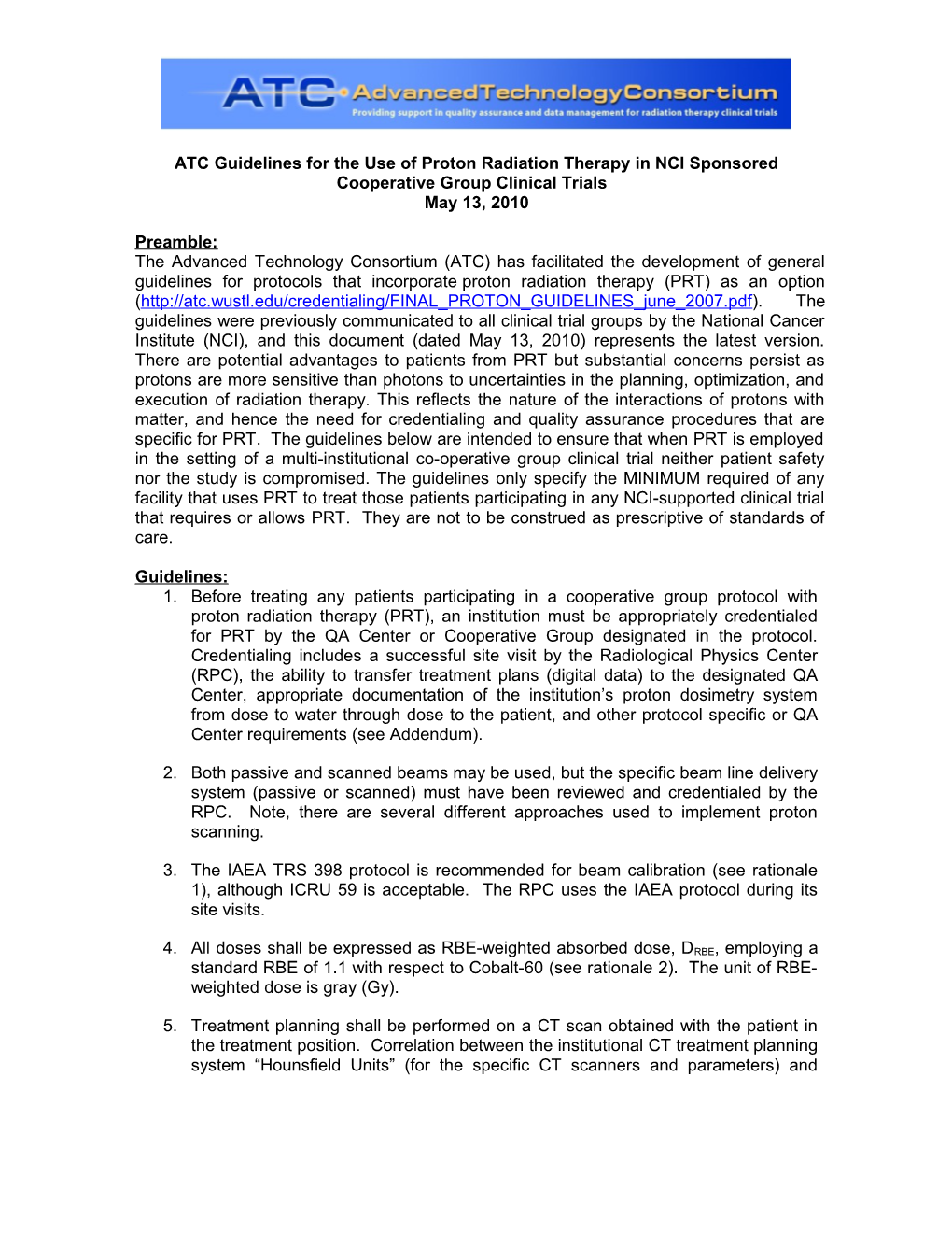 Guidelines for the Use of Proton Radiation Therapy in NCI Sponsored Cooperative Group Clinical