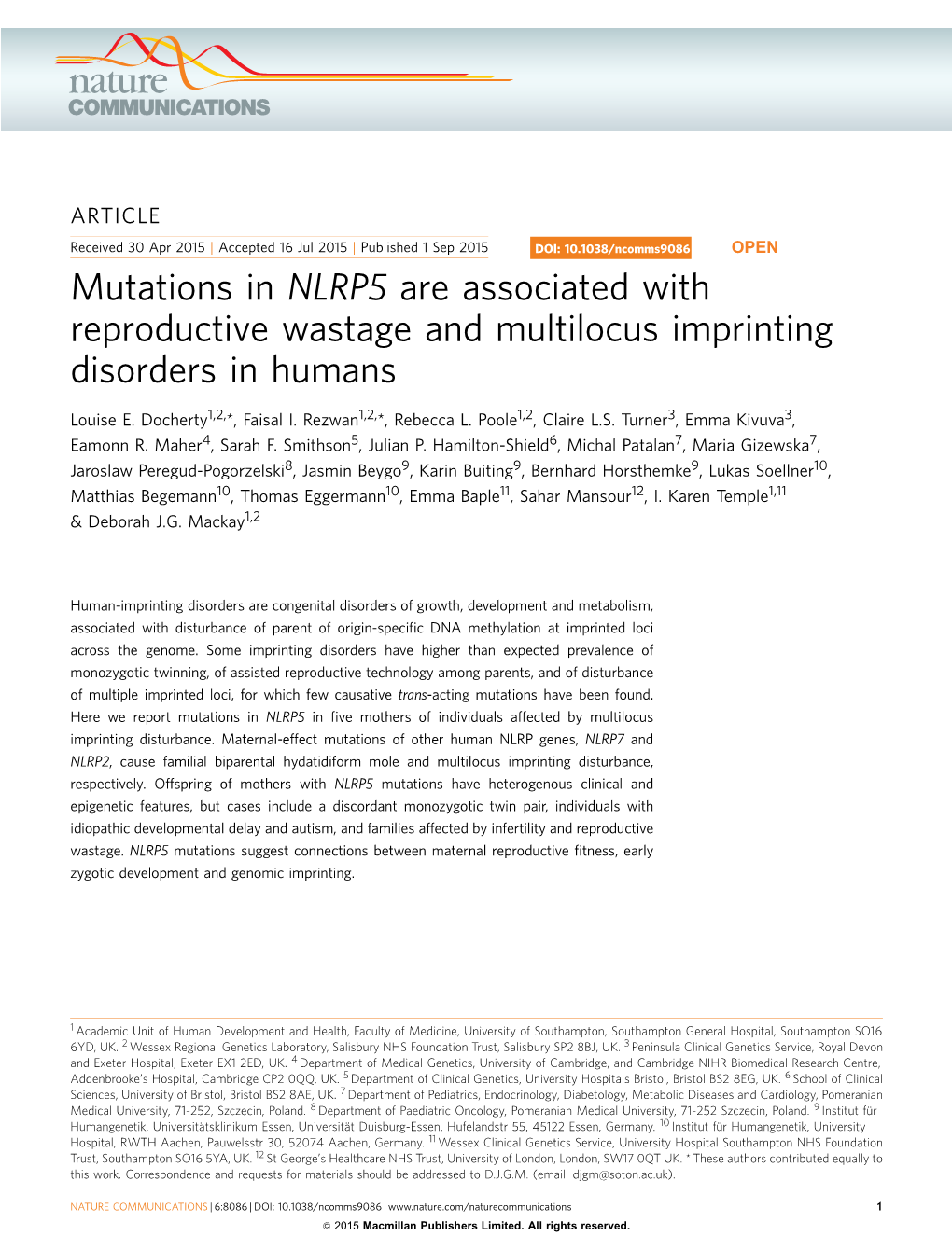 Mutations in NLRP5 Are Associated with Reproductive Wastage and Multilocus Imprinting Disorders in Humans