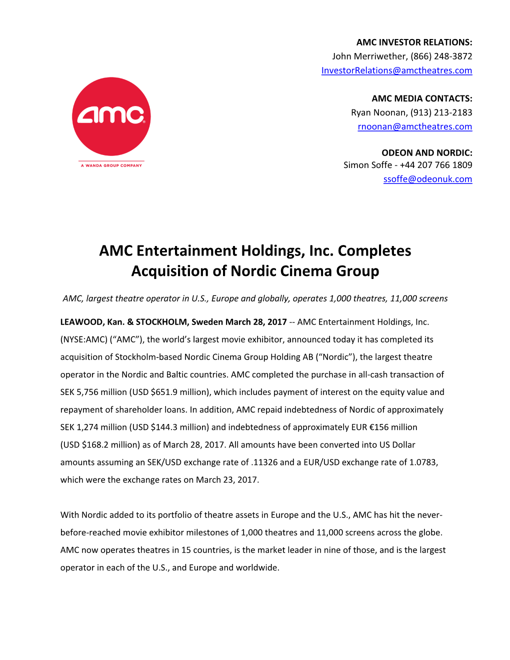 AMC Entertainment Holdings, Inc. Completes Acquisition of Nordic Cinema Group