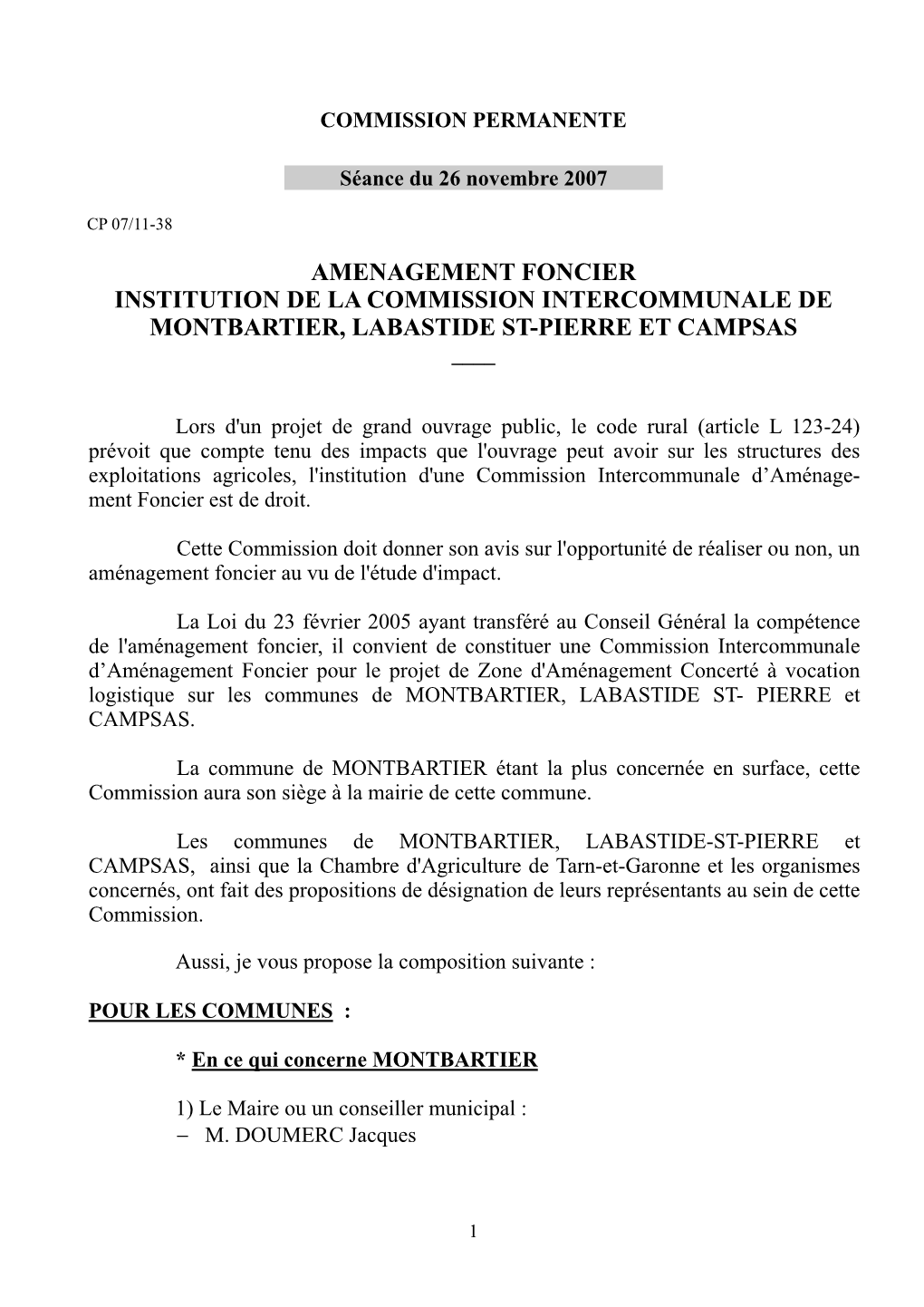 Amenagement Foncier Institution De La Commission Intercommunale De Montbartier, Labastide St-Pierre Et Campsas ____