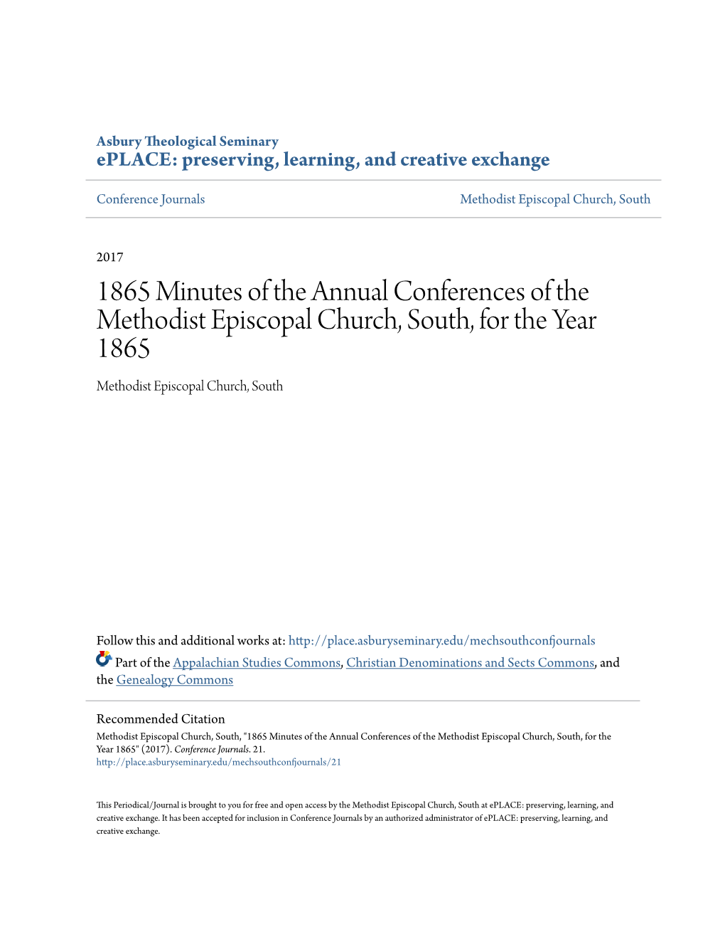 1865 Minutes of the Annual Conferences of the Methodist Episcopal Church, South, for the Year 1865 Methodist Episcopal Church, South