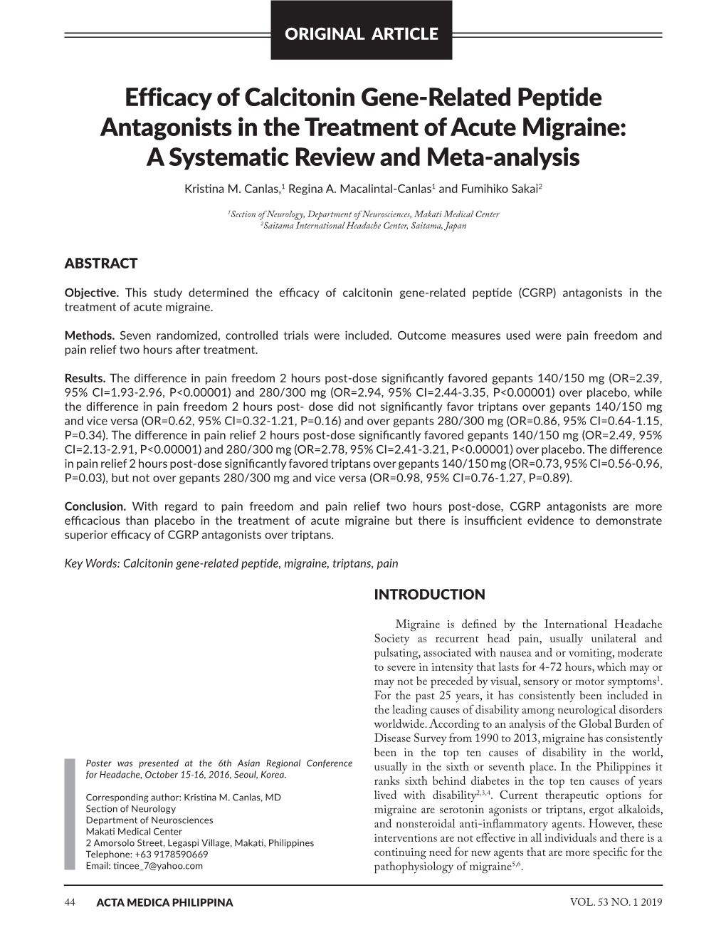 Efficacy of Calcitonin Gene-Related Peptide Antagonists in the Treatment of Acute Migraine: a Systematic Review and Meta-Analysis Kristina M