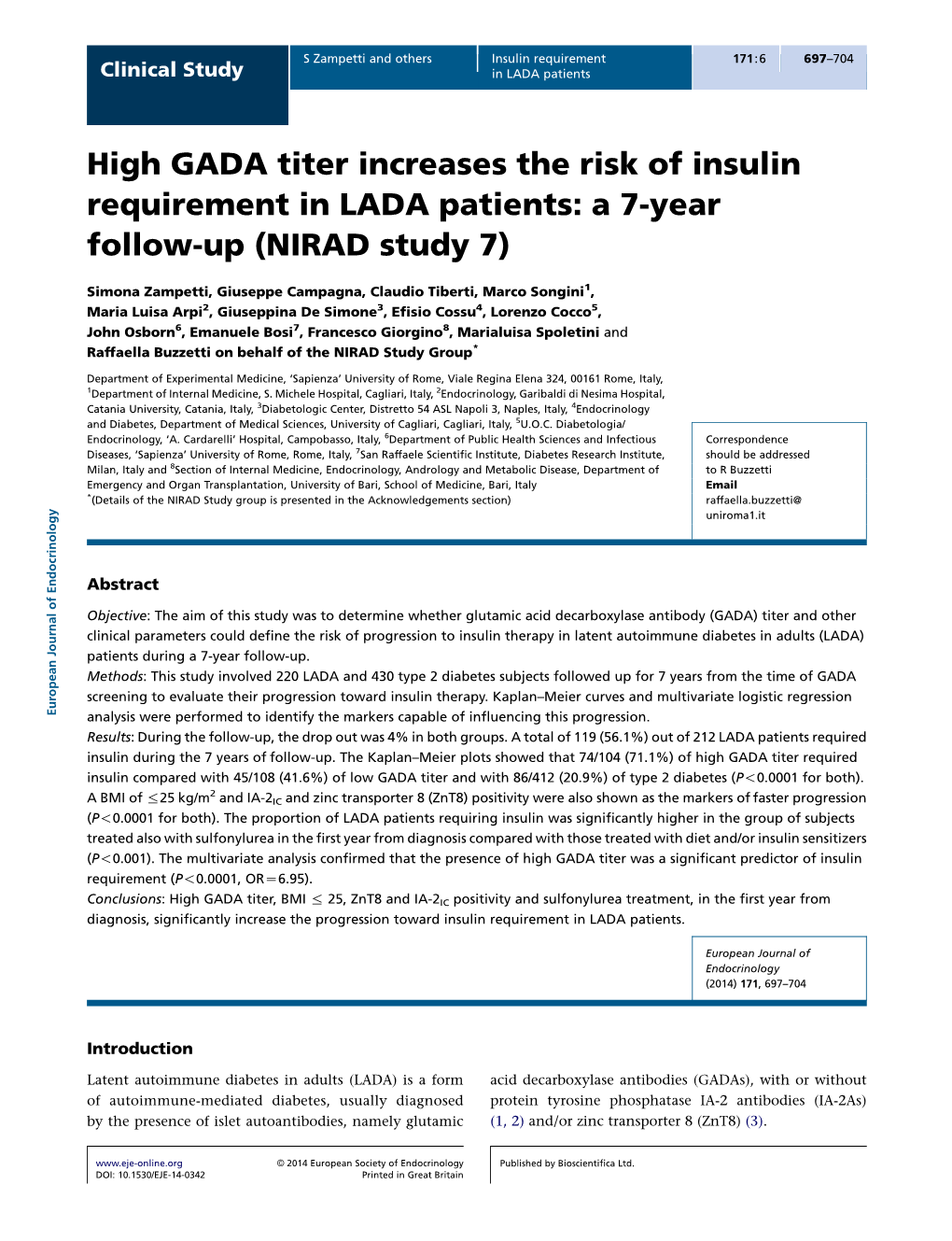 High GADA Titer Increases the Risk of Insulin Requirement in LADA Patients: a 7-Year Follow-Up (NIRAD Study 7)