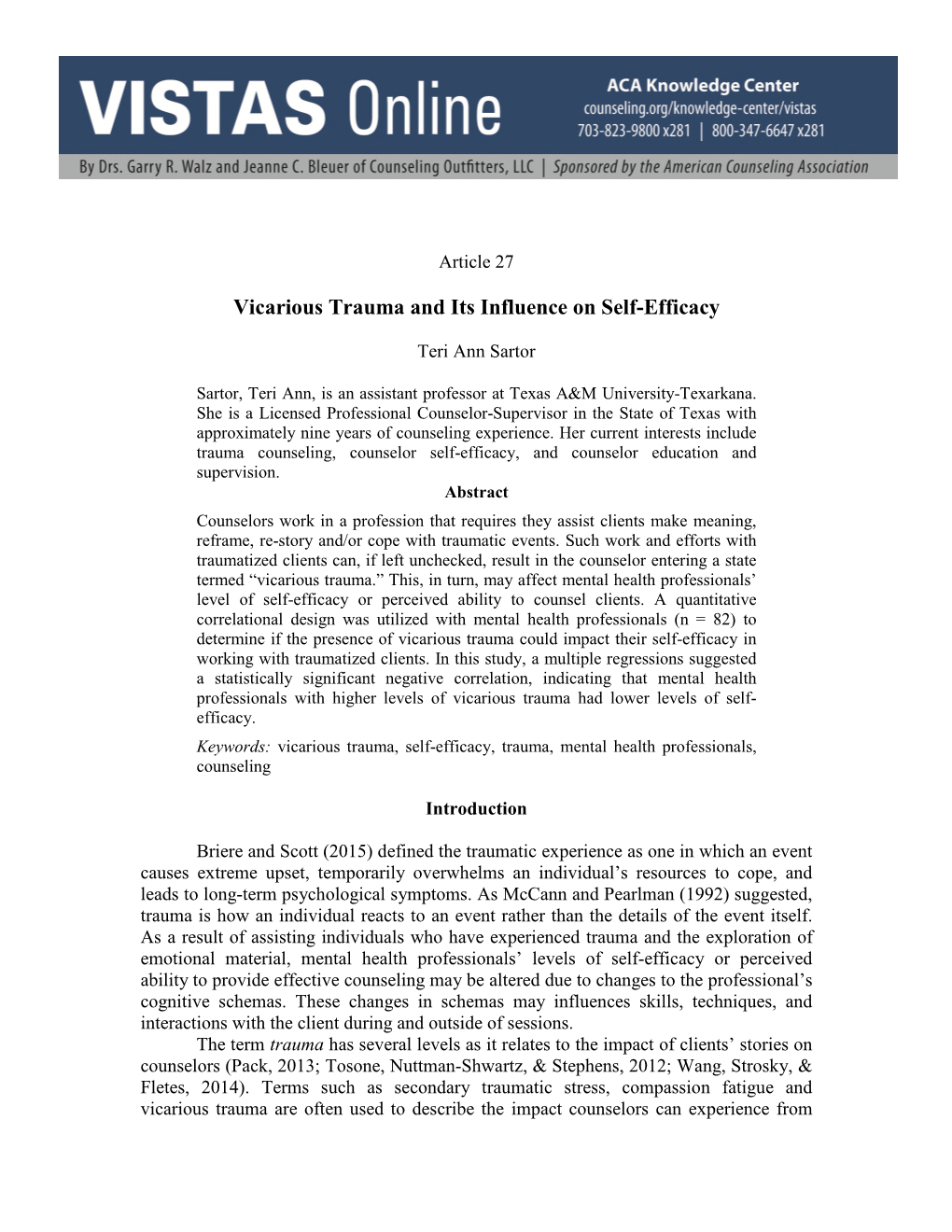 Vicarious Trauma and Its Influence on Self-Efficacy