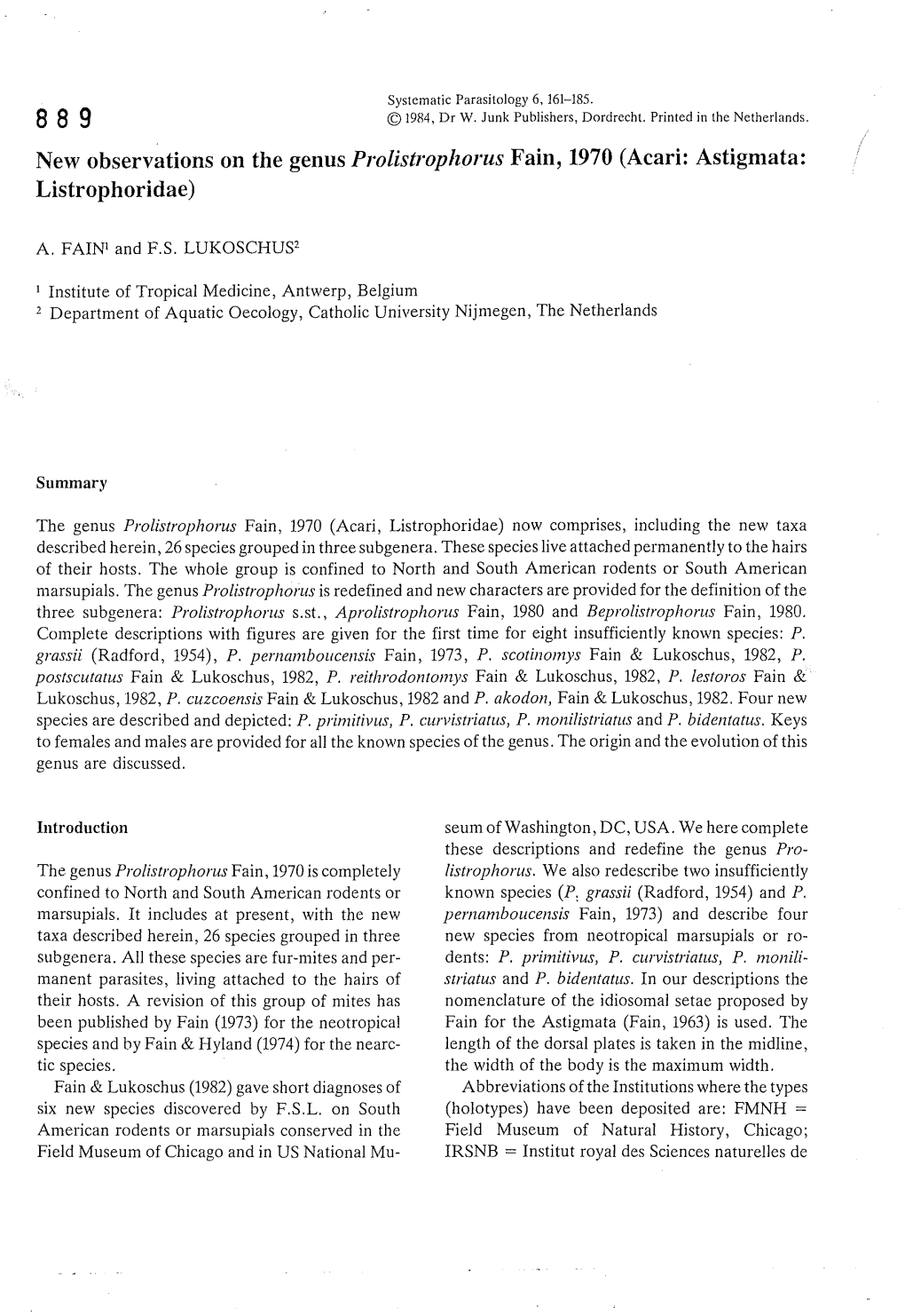 New Observations on the Genus Prolistrophorus Fain, 1970 (Acari: Astigmata: Listrophoridae)