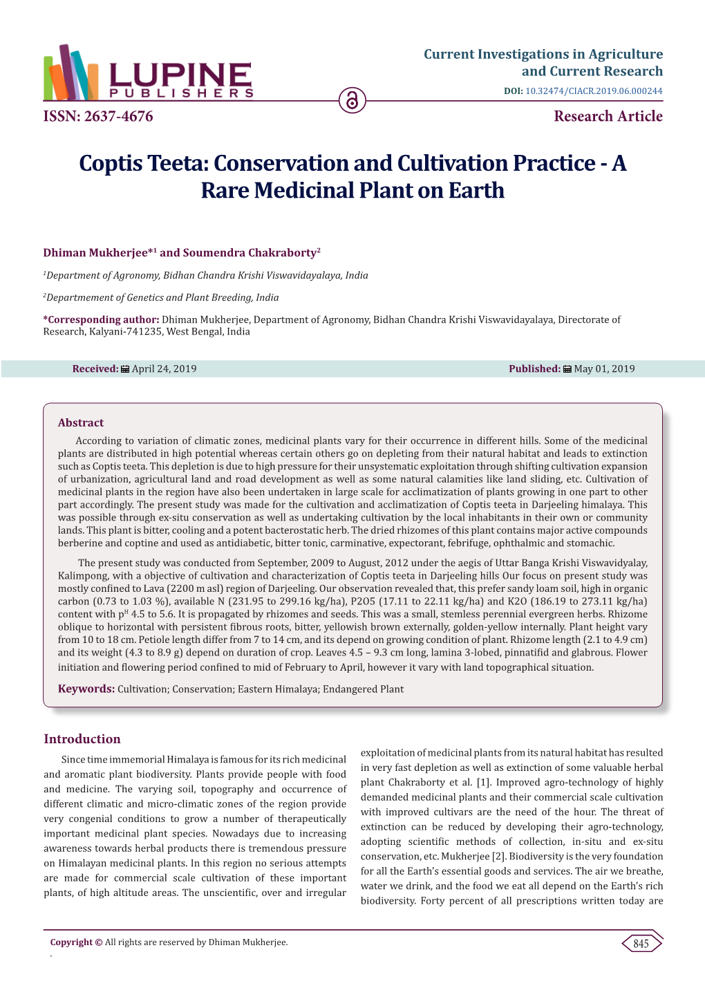 Coptis Teeta: Conservation and Cultivation Practice - a Rare Medicinal Plant on Earth