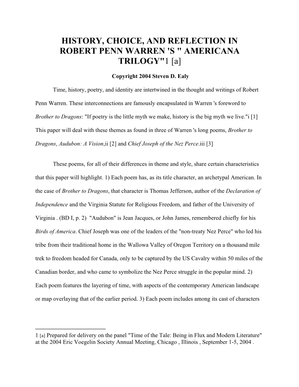 History, Choice, and Reflection in Robert Penn Warren's