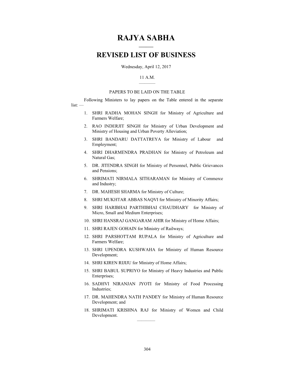 Rajya Sabha —— Revised List of Business