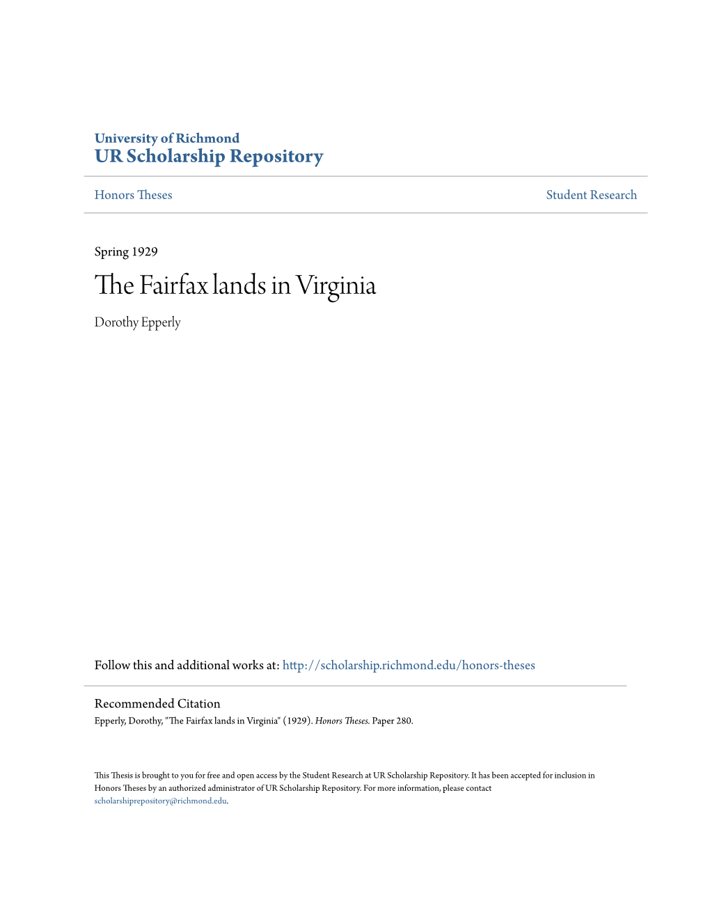 The Fairfax Lands in Virginia