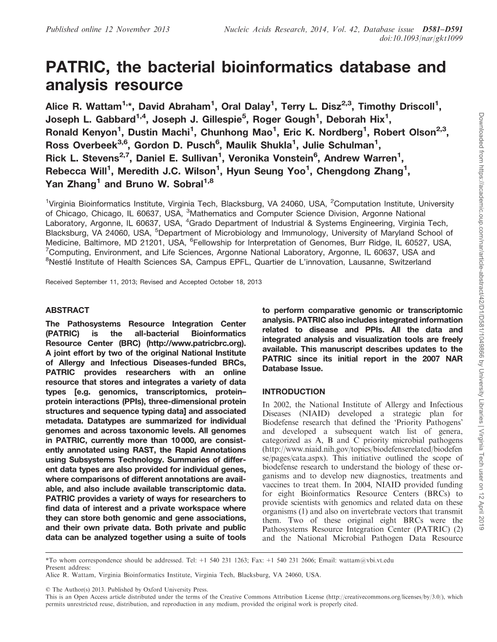 PATRIC, the Bacterial Bioinformatics Database and Analysis Resource Alice R