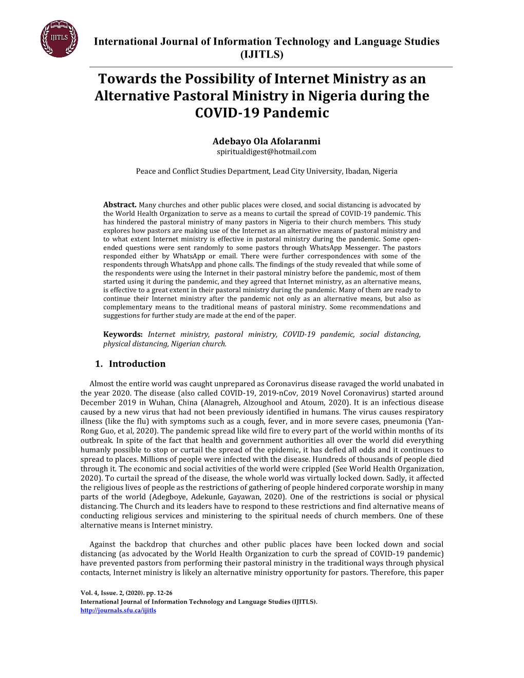 Towards the Possibility of Internet Ministry As an Alternative Pastoral Ministry in Nigeria During the COVID-19 Pandemic