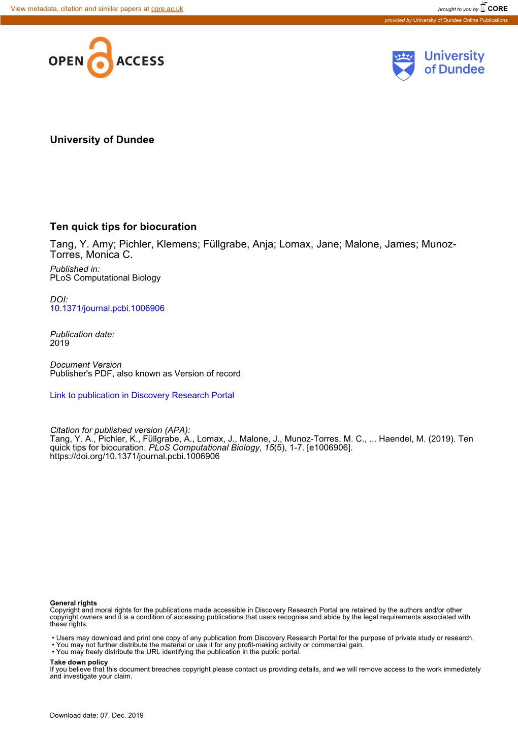 Ten Quick Tips for Biocuration Tang, Y