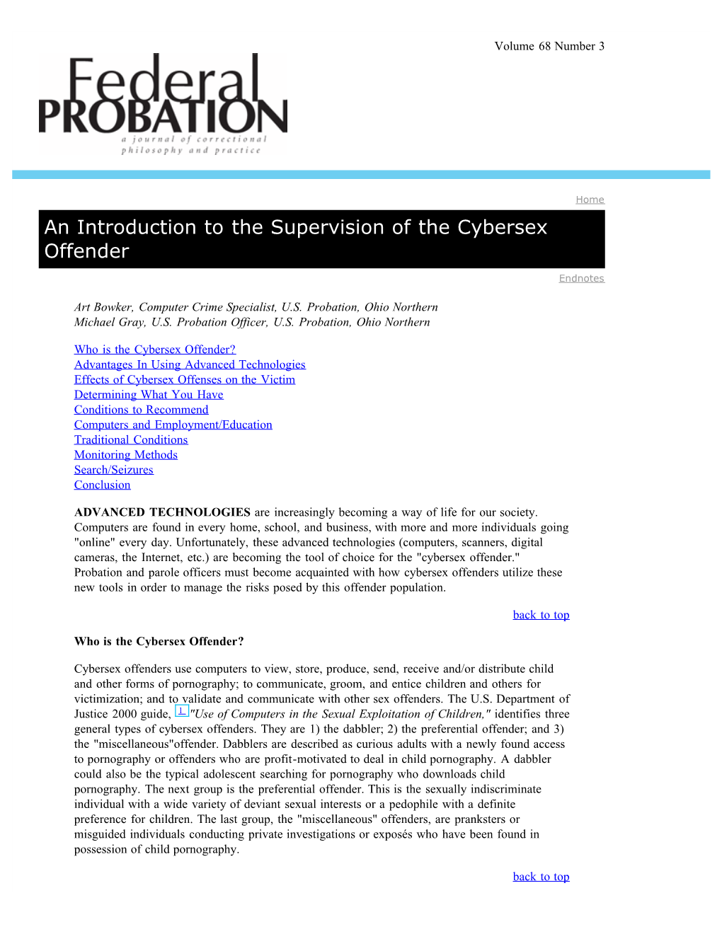 An Introduction to the Supervision of the Cybersex Offender