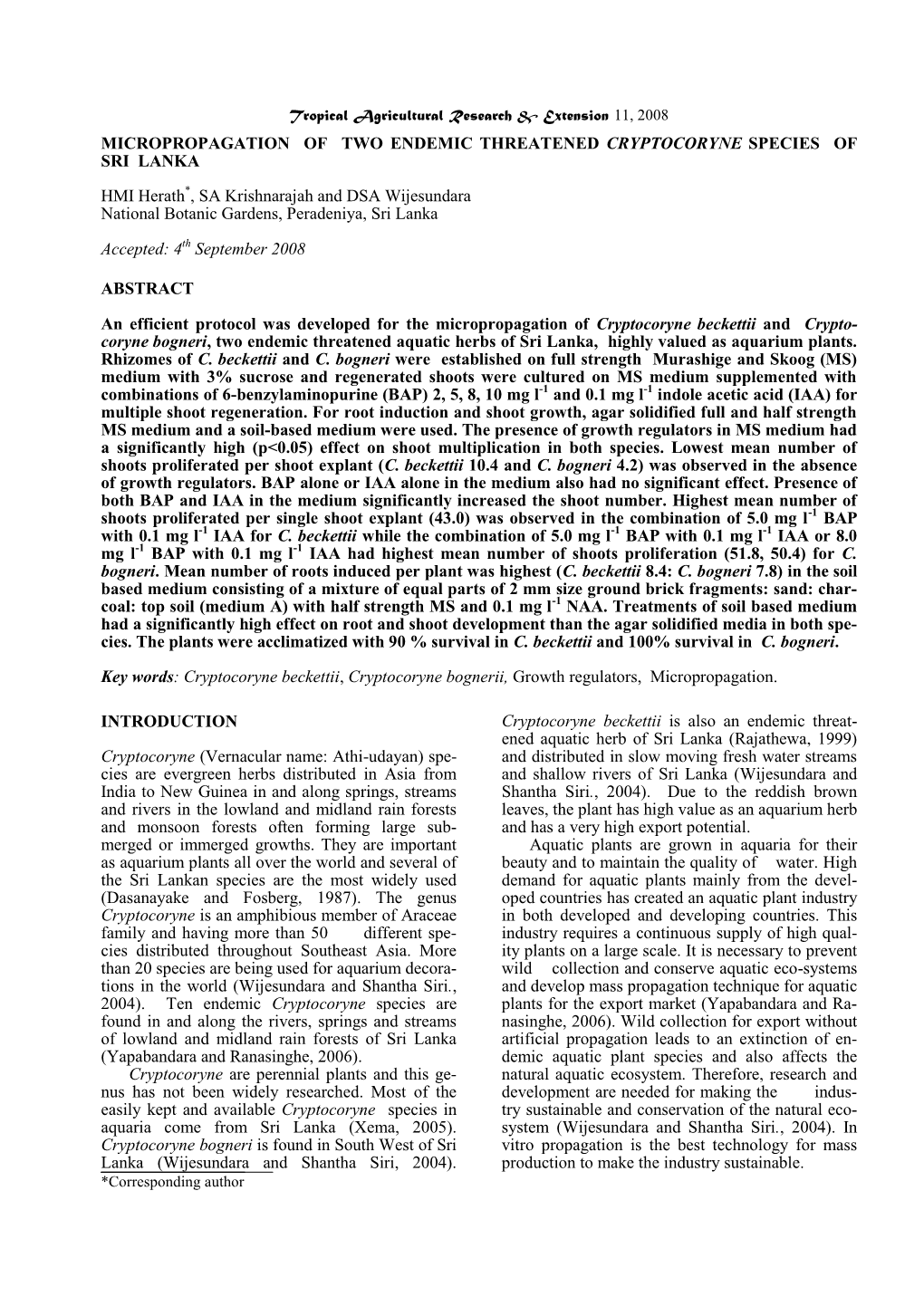 Micropropagation of Two Endemic Threatened Cryptocoryne Species of Sri Lanka